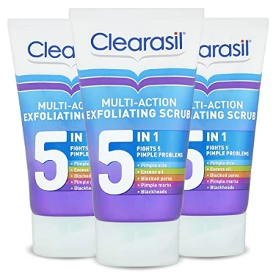 Abbildung von Clearasil 5 in 1 Peeling, für zu Akne neigende Haut, verstopfte Poren, reduziert Mitesser, Pickel und überschüssiges Öl, tägliche Fleckenprävention, 3 Stück, insgesamt 450 ml