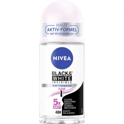 Abbildung von NIVEA Black &amp; White Invisible Clear Deo Roll On (50 ml), Antitranspirant mit Anti Flecken Formel und ohne Ethylalkohol, Deodorant 72h Schutz Pflegekomplex