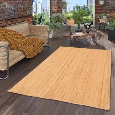 Abbildung von Pergamon Jute Teppich Salsa Uni Beige Handgefertigt aus strapazierfähiger Naturfaser Schlichtes Design Verschiedene Größen und Formen verfügbar