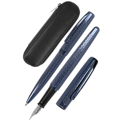 Abbildung von Online Schreib Set Eleganza Diamond Night I enthält Kugelschreiber, Füller, Echt Lederetui 3 teilig in Geschenkbox Füllhalter für Standardpatronen Kulli mit Großraummine G2