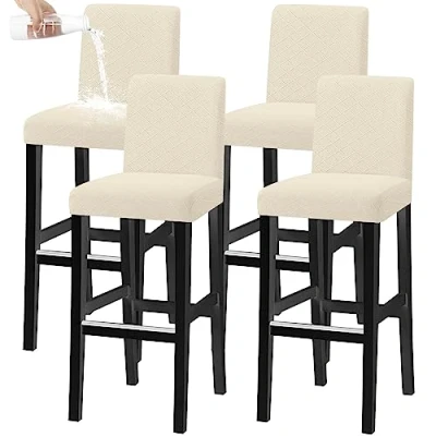Abbildung von KELUINA Bar Stuhl Hocker Abdeckungen, Stretch Abnehmbare Waschbare Slipcover für Kurze Dreh Dinning Rücken (Beige,4er Set)