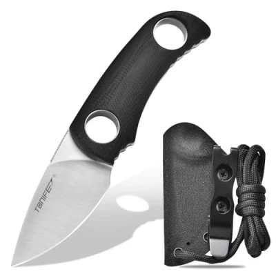 Abbildung von TONIFE Runer Feststehendes Neck Knife mit Scheide und Lanyard 4,7cm Full Tang Klinge EDC Messer für Outdoor (Schwarz+satin)
