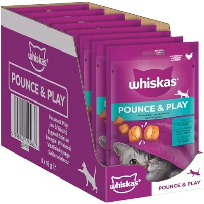 Abbildung von Whiskas Pounce &amp; Play Katzensnacks im Portionsbeutel für ausgewachsene Katzen mit Huhn 8x45g