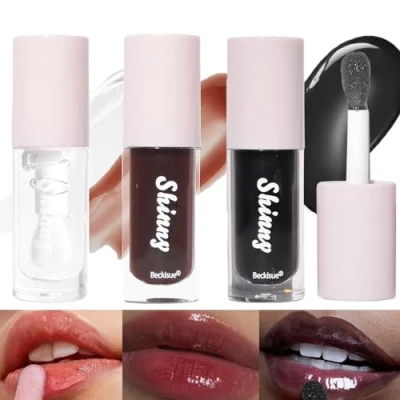 Abbildung von LuckNest Translucent Black Lip Gloss, Clear/Black Cherry/Black Sugar Oil, Plumping Hydrating Mirror Highlight Gloss Moisturizing Long Lasting &amp; Non Sticky Vegan Makeup