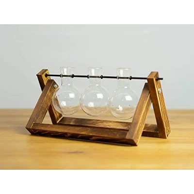 Abbildung von Good Connections Stylische Deko Blumenvase &quot;Rundkolben&quot; geflämmter Holzrahmen mit drei mundgeblasenen, kristallklaren Glaskolben