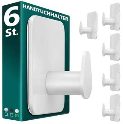 Abbildung von Menz Handtuchhalter ohne Bohren in Weiß, 6 Stück Robuste Badezimmer Handtuchhalter, ovale Klebehaken, Haken fürs Bad, selbstklebend, ideal als funktionale Handtuchhaken