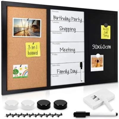 Abbildung von Navaris Pinnwand 3in1 Kombitafel 90x60x1,5cm Kreidetafel Whiteboard Kork Pinnwand, (1 tlg)