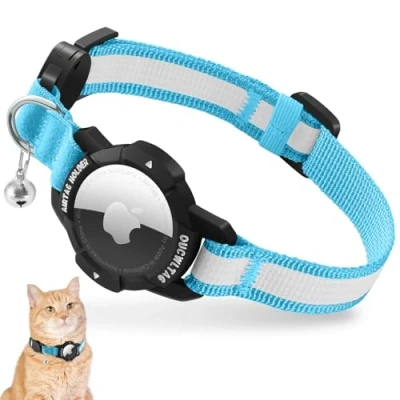 Abbildung von Leuchtend Airtag Katzenhalsband, Kätzchenhalsband mit Apple Hülle,Verstellbar Halsband Katze Sicherheitsverschluss &amp; Elastischer (Blau, (Kätzchen18 26cm))