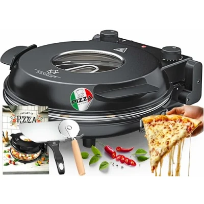 Abbildung von KESSER® Pizza Ofen elektrisch bis 400 Grad Elektrischer Pizzabäcker 1200W mit feuerfester Steinplatte &amp; Timer Durchmesser 32cm 5 Heizstufen Sichtfenster inkl. Pizzaschneider Rezeptbuch
