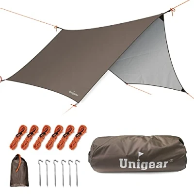 Abbildung von Unigear Zeltplane wasserdicht, sechseckig Tarp mit Ösen + 6 Aluminium Erdnägel+ Seilen, Abdeckplane für Hängematte, Regenschutz Sonnenschutz Outdoor Camping Picknick Festival