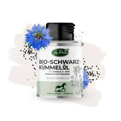 Abbildung von LaPura Schwarzkümmelöl Bio für Hunde &amp; Pferde 100% natürlich, kaltgepresst, Fell, Immunsystem Verdauung, Barf Ergänzung, Futteröl 100 ml