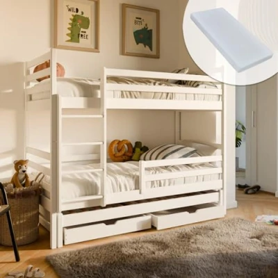 Abbildung von Kids Collective Hochbett 90x200 cm mit Ausziehbett Kinderbett Ausziehfunktion, 2 Schubladen Lattenrost, Rausfallschutz, umbaubar, drei Matratzen, Vollholz