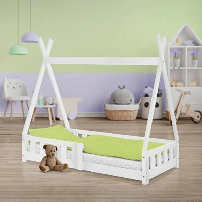Abbildung von ML DESIGN Kinderbett Hausbett mit Rausfallschutz und Lattenrost Massivholz, Bett 70x140 Weiß aus Kiefernholz Spielbett Zelt Zaun