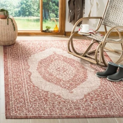 Abbildung von SAFAVIEH Zeitgenössische Teppich für Wohnzimmer, Esszimmer, Schlafzimmer Courtyard Collection, Kurzer Flor, Hellbeige und Terrakotta, 201 X 290 cm
