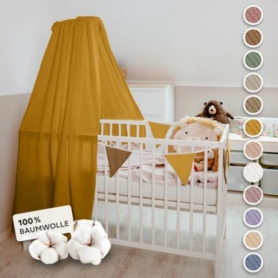 Abbildung von lilimaus Betthimmel Babybett mit Gold Applikation in 12 Farben [inkl. Himmelstange] Himmel aus 100% Baumwolle Musselin für Mädchen &amp; Jungen Himmelbett Stange Kinder Babyzimmer Deko