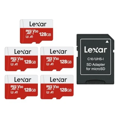 Abbildung von Lexar Micro SD Karte 128GB 5er Pack, Speicherkarte mit Adapter, Bis zu 100 MB/s Lesegeschwindigkeit, UHS I, U3, A1, V30, C10, 4K UHD microsdxc für Kamera, Smartphone