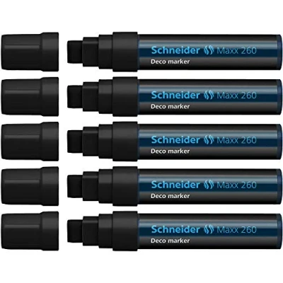 Abbildung von Schneider Maxx 260 Kreidestift (5 + 15 mm Strichstärke, feucht abwischbar, wasserbasiert, geruchsneutral) 5er Pack schwarz