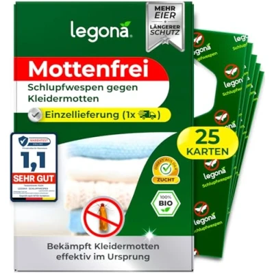 Abbildung von Legona® Schlupfwespen gegen Kleidermotten 25 Karten à 1 Lieferung Effektiv Kleider Motten bekämpfen Alternativer Mottenschutz für Kleiderschrank, Mottenfalle Kleidermotten, Mottenspray