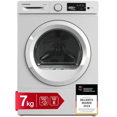 Abbildung von Telefunken Wärmepumpentrockner für 7 kg Wäsche, Trockner Frontlader, Wäschetrockner mit Knitterschutz und Startzeitvorwahl, Energiesparend A+, leise 64 dB, 15 Programme, Trommelbeleuchtung, TWP7EW