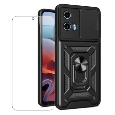 Abbildung von SDTEK Hülle Für Motorola Moto G34 Handyhülle Kameraobjektivschutz, Ständer, Magnetringhalter Glas Displayschutzfolie (Schwarz)