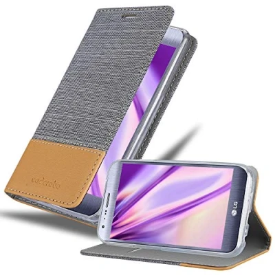 Abbildung von Cadorabo Hülle kompatibel mit LG X CAM aus Premium Jeans und Kunst Leder Flip Klappbare Stoßfeste Magnetische [Standfunktion] [Kartenfächern] Cover für Tasche in Grau