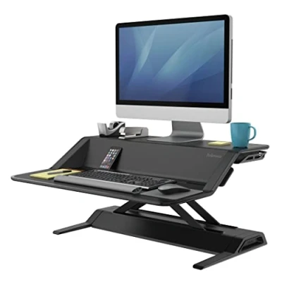 Abbildung von Fellowes Sitz Steh Desktop Aufsatz Lotus REGT zu mehr Bewegung bei der Schreibtischarbeit an, mit 22 Höheneinstellungen und Kabelmanagement, ergonomisch, schwarz, 1 Stück