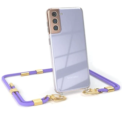 Abbildung von EAZY CASE kombinierbare Handyketten kompatibel mit Samsung Galaxy S21 Plus 5G, Transparente Silikon Hülle stylischen Umhängeband, Abnehmbarer Karabiner, Schultergurt, Lavendel Lila Clips Gold