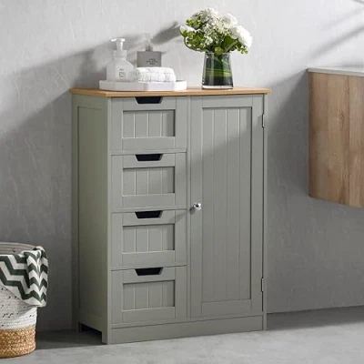 Abbildung von Bath Vida Priano Badezimmerschrank mit 4 Schubladen, Aufbewahrungsschrank aus Holz 1 Tür, Holzwerkstoff, Grau, 30D x 60W 81H centimetres