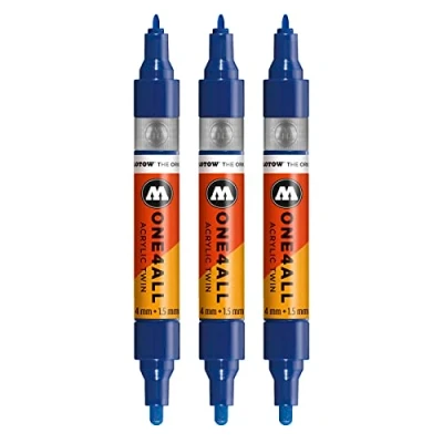 Abbildung von Molotow One4All Acrylic Twin Marker (Strichstärke 1,5 mm und 4 mm, hochdeckend permanent) 3 Stück Farbe 204 echt blau
