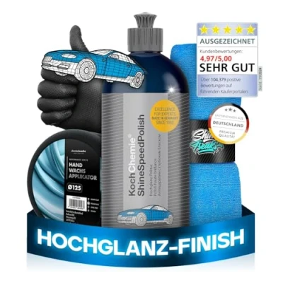 Abbildung von Koch Chemie Shine Speed Polish (500 ml) Lackpolitur + chemicalworkz Hand Wachs Applikator ShinyFreaks Ultra Soft Mikrofasertuch Hochglanz Finish &amp; Lackschutz Auto Politur Pflege Set