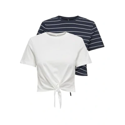 Abbildung von ONLY Damen ONLMAY LIFE S/S SHORT Knot TOP Box 2PACK T Shirt, Cloud Dancer/Pack:Night sky ella stripe, Medium