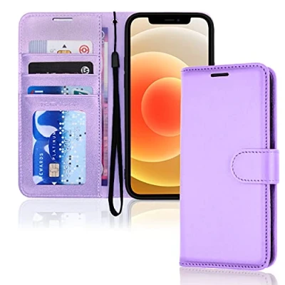 Abbildung von TECHGEAR hülle iPhone 12 Mini Leder PU Flip Schutzhülle Ledertasche [Brieftasche] Handyhülle mit Ständer und Handschlaufe Lavendel Kompatible