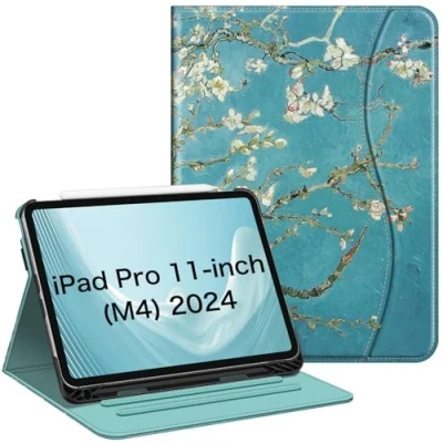 Abbildung von Fintie Hülle für iPad Pro 11 Zoll M4 (2024) (Modellnummer: A2836/A2837/A3006) mit Stifthalter, Multi Winkel Betrachtung Folio Stand Schutzhülle Case Dokumentschlitze, Mandelblüten