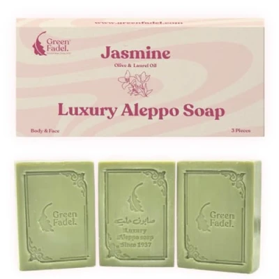 Abbildung von GREEN FADEL (Luxury) Aleppo Seife Original mit Jasmin Aroma, 3 Stück, Olivenöl &amp; Lorbeeröl, Olivenölseife, Naturseife, Luxury Soap, für Gesicht Körper