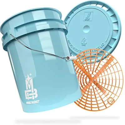 Abbildung von MAGIC BUCKET Auto Handwäsche Bundle Wascheimer Mit passendem Eimer Deckel 5 US GALLONEN ca. 20 Liter Grit Guard Eimereinsatz Schmutzsieb Waschset Baby Blau/Orange