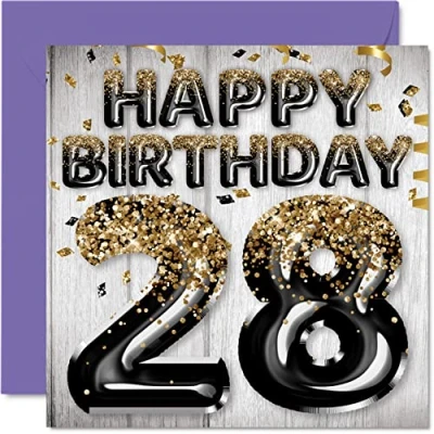 Abbildung von Geburtstagskarte zum 28. Geburtstag für Männer schwarze und goldene Glitzerballons Happy Karten 28 Jahre alten Mann Sohn Bruder Onkel Cousin, 145 mm x Geburtstagskarten Geschenk