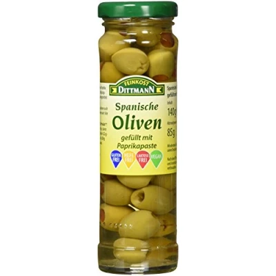 Abbildung von Feinkost Dittmann Oliven grün gefüllt mit Paprikapaste, 12er Pack (12 x 140 g)