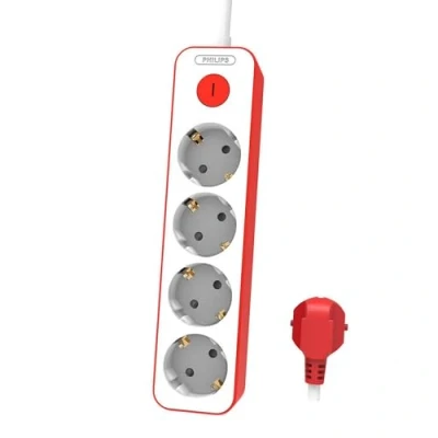 Abbildung von Philips CHP2145R Steckdosenleiste mit 4 Steckdosen, Stromversorgungsverriegelung, 1.500 W, geflochtenes Netzkabel, 1,5 m, hohe Widerstandsfähigkeit, Sicherheitsverschluss (LED Anzeige) Weiß/Rot