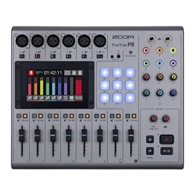 Abbildung von Zoom P8 PodTrak Recorder, Mixing Studio und USB Interface für professionelle Podcast Aufnahmen, 13 Spuren, 6x XLR, Phantomspeisung, Farb LCD Touchscreen, silber