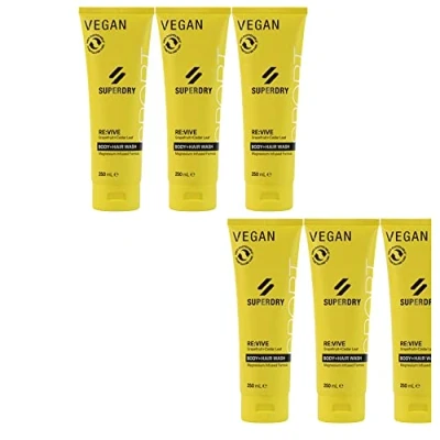 Abbildung von 7tlg. Set von SuperDry: 6x250ml SuperDry Sport Funky Gelb RE:vive BODY+HAIR WASH 2in1 Duschgel &amp; Shampoo + Dustbag in Schwarz STUDIO.MUNET