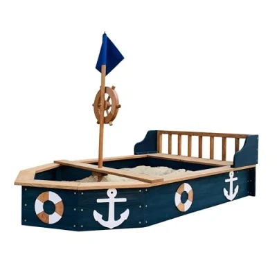 Abbildung von AXI Doris Sandkasten Boot/Schiff aus Holz Sandkastenschiff in Anthrazit &amp; Braun mit drehbarem Ruder, Flagge Sitzbank Sandkastenboot/Piratenschiff Abdeckung und Bodentuch 153x90x100 cm
