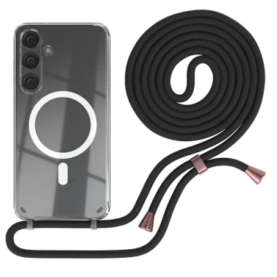 Abbildung von EAZY CASE Handykette kompatibel mit Samsung Galaxy S24 Plus Kette zum Umhängen Stoßfest Handyhülle für Silikon Hülle Band Handytasche Transparent in Schwarz Clips Rose