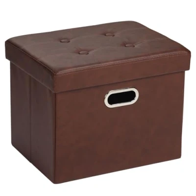 Abbildung von COSYLAND Sitzhocker mit Stauraum, Faltbare Sitzbank, Sitztruhe aus Kunstleder, gepolstert Sitzwürfel Fußhocker Aufbewahrungsbox Deckel, für Wohnzimmer Schlafzimmer, 43 * 33 cm (Rotbraun)