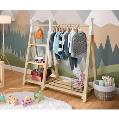 Abbildung von Bellabino Kleiderstange Ryck (Kindergarderobe inkl. 3 Regalen und Schuhablage), für Kinder, natur mit weißen Spitzen, unbehandelt