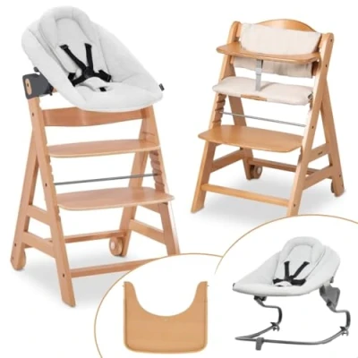 Abbildung von hauck Hochstuhl Beta+ Newborn Set Premium Light Grey Babyhochstuhl ab Geburt mit Neugeborenen Aufsatz Bouncer, Sitzpolster und Essbrett Natural