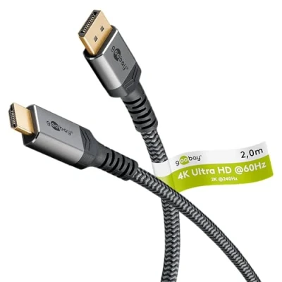 Abbildung von goobay 65269 DisplayPort 1.2 auf HDMI 2.0 / Auflösungen von bis zu 4K @ 50/60 Hz/Datentransferrate 18 Gbit/s/Kabel ist richtungsgebunden/Vergoldete Stecker beugen Korrosion vor/Grau 2m