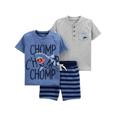 Abbildung von Simple Joys by Carter&#039;s Baby Jungen 3 Piece Playwear Hosen Set, Blau Chomp/Grau Haifisch/Streifen, 4 Jahre