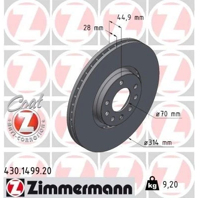 Abbildung von ZIMMERMANN COAT Z 430.1499.20 Bremsscheibe 314 28 8/5 5 110 außenbelüftet beschichtet hochgekohlt OPEL: Vectra C Caravan, Signum CC, CC