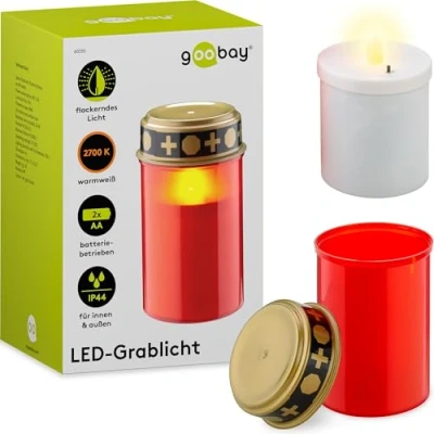 Abbildung von goobay 60335 LED Grablicht mit Batterie/LED Grabkerzen Outdoor/Friedhof Kerzen/Grablichter/Ewiges Licht/Grablampe/Rot/Batteriebetrieben 2x AA Mignon (Nicht im Lieferumfang enthalten)