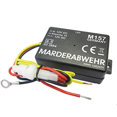 Abbildung von Kemo M157 Marderabwehr mit schrillen, hohen Tonimpulsen ca. 12 kHz. Verjagt Marder aus Autos, Garagen. Automatische Einschaltung bei parkendem Auto